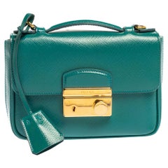 Used Prada Turquoise Saffiano Vernic Leather Mini Crossbody Bag