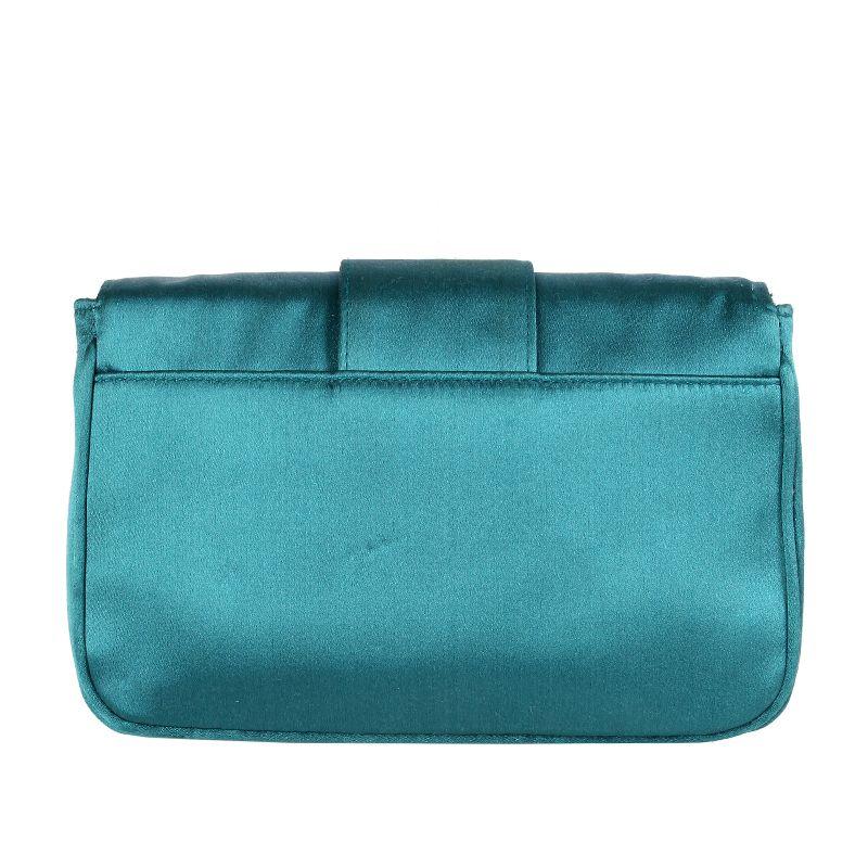 Prada evening handbag in dark turquoise satin. Closes with a magnet under the rhinestone buckle. The label tag inside is missing but it comes with authenticity certificate card and is marked on the side of the buckle. Has been carried and is in