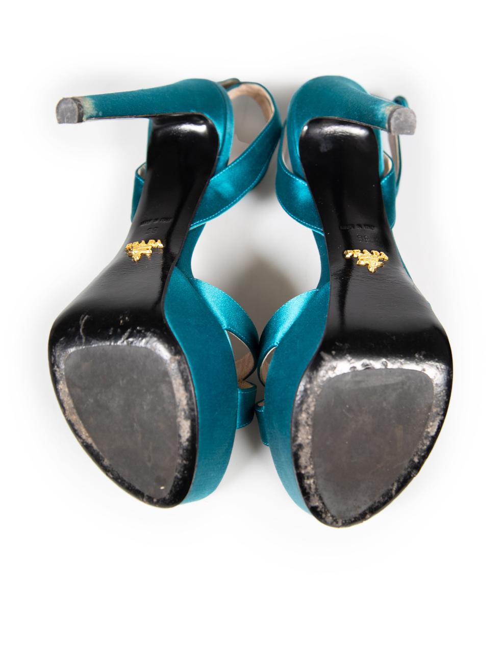 Prada Turquoise Satin Heeled Sandals Size IT 39 In Good Condition In London, GB