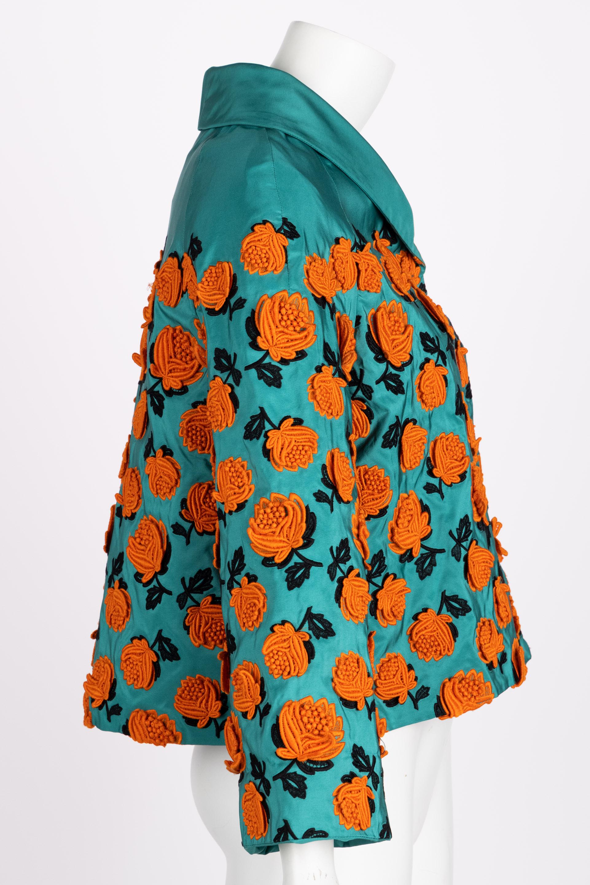 Bleu Prada Turquoise Silk Taffeta Floral Applique Jacket, Spring 2012 en vente