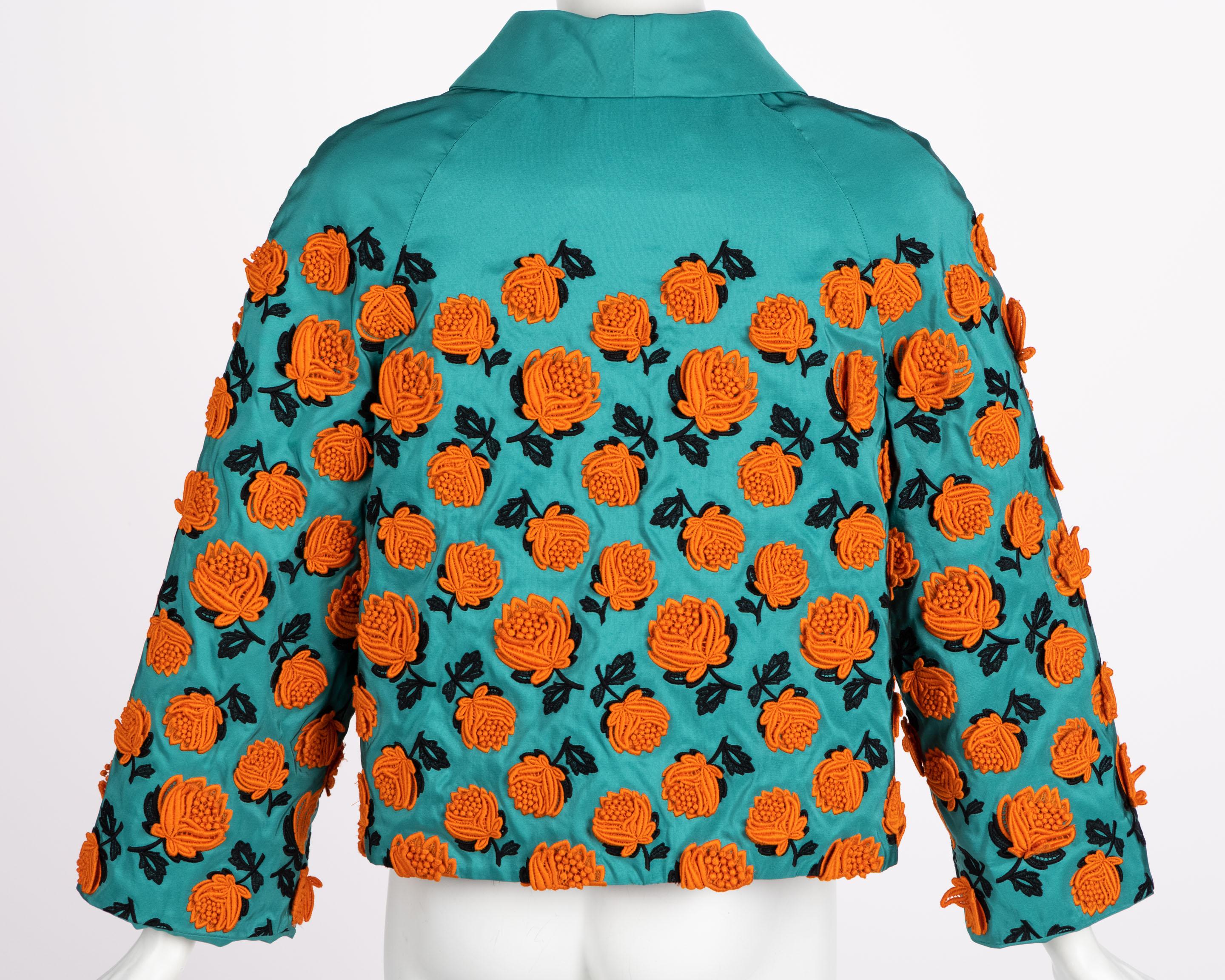 Prada Turquoise Silk Taffeta Floral Applique Jacket, Spring 2012 In Excellent Condition For Sale In Boca Raton, FL