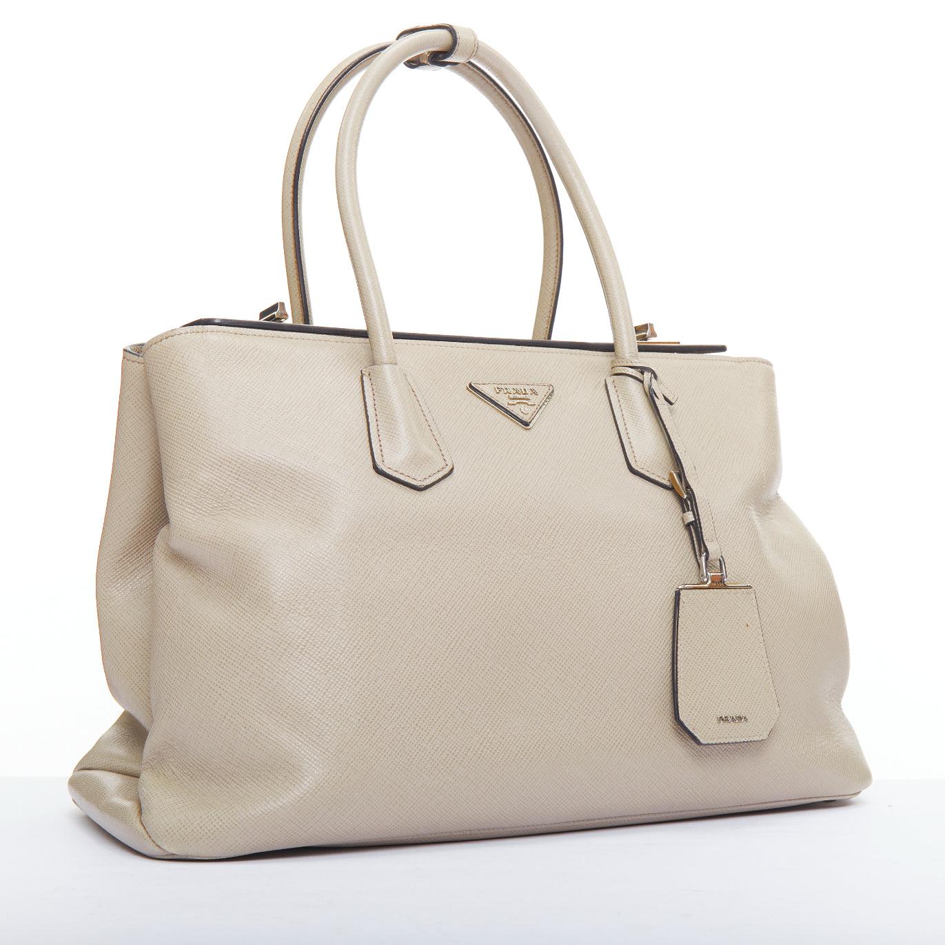 Beige PRADA Twin beige saffiano leather trangle logo top handle tote bag For Sale