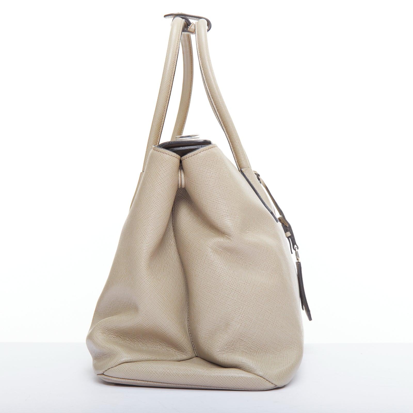 PRADA Twin beige saffiano leather trangle logo top handle tote bag In Good Condition For Sale In Hong Kong, NT