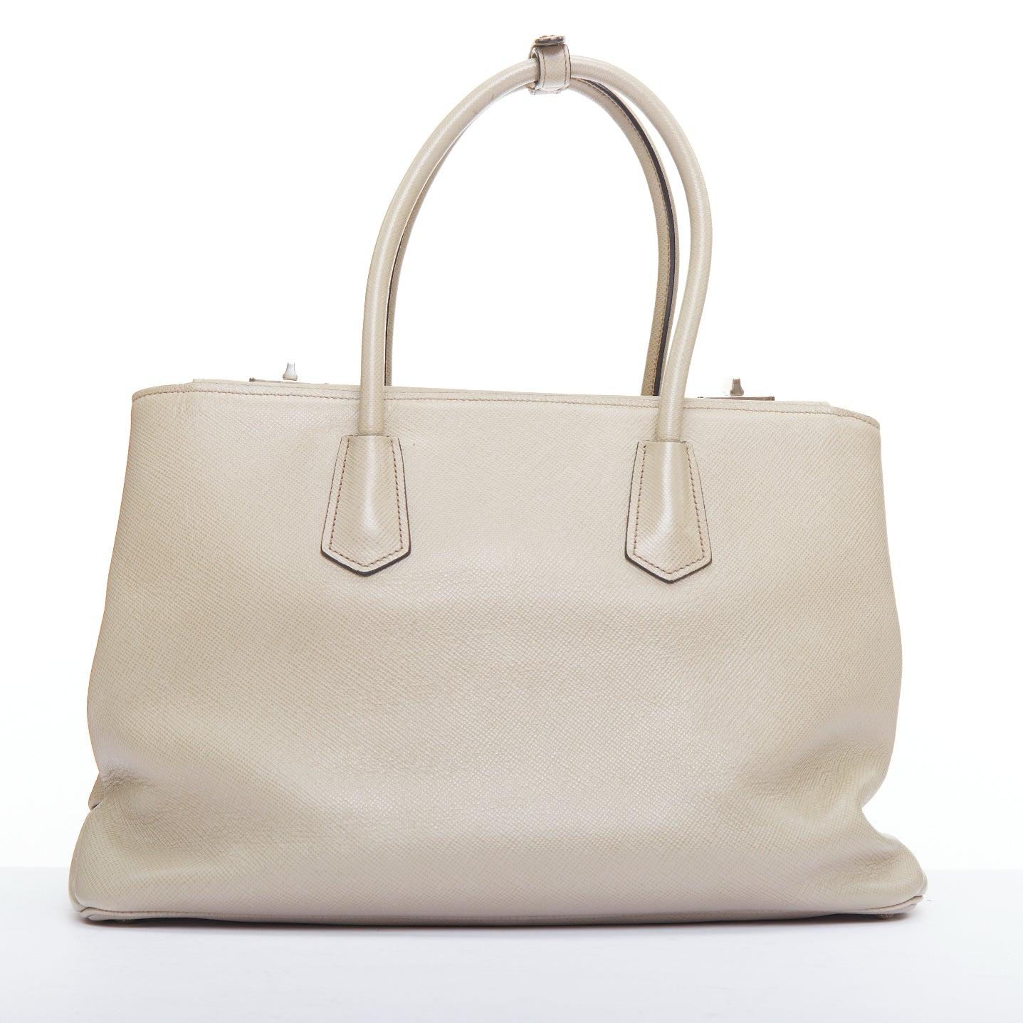 Women's PRADA Twin beige saffiano leather trangle logo top handle tote bag For Sale