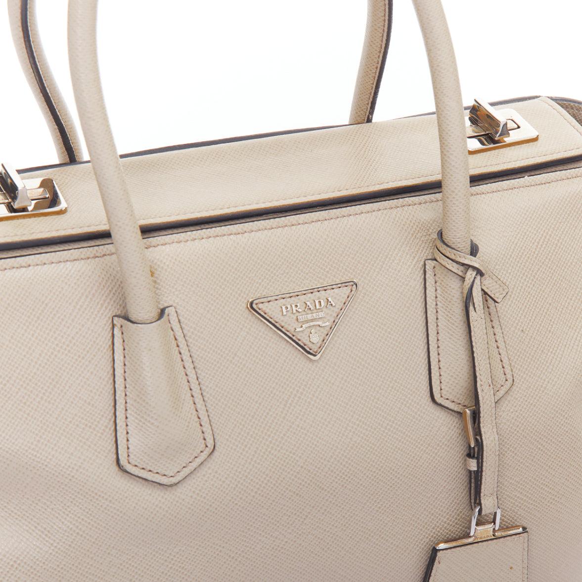 PRADA Twin beige saffiano leather trangle logo top handle tote bag For Sale 2