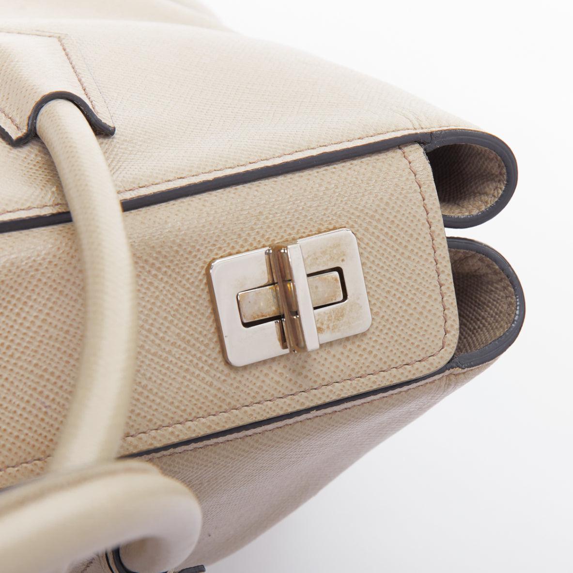 PRADA Twin beige saffiano leather trangle logo top handle tote bag For Sale 3