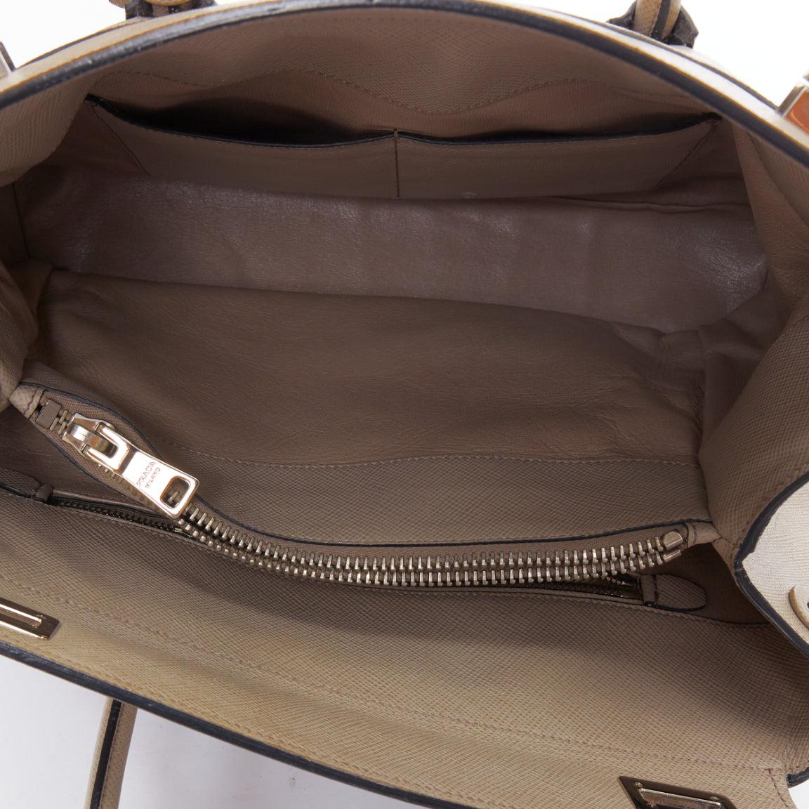PRADA Twin beige saffiano leather trangle logo top handle tote bag For Sale 4