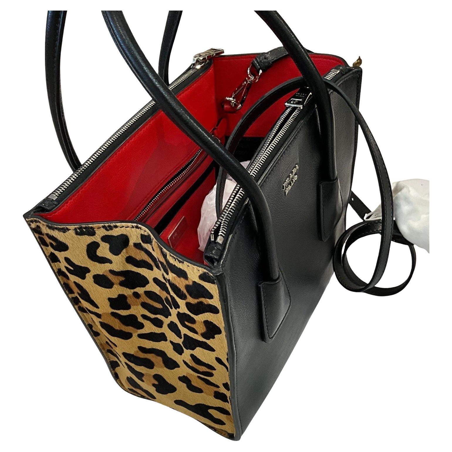 Prada Twin Pocket Tote Black Leather and Leopard Print Pony Hair Side Panels For Sale