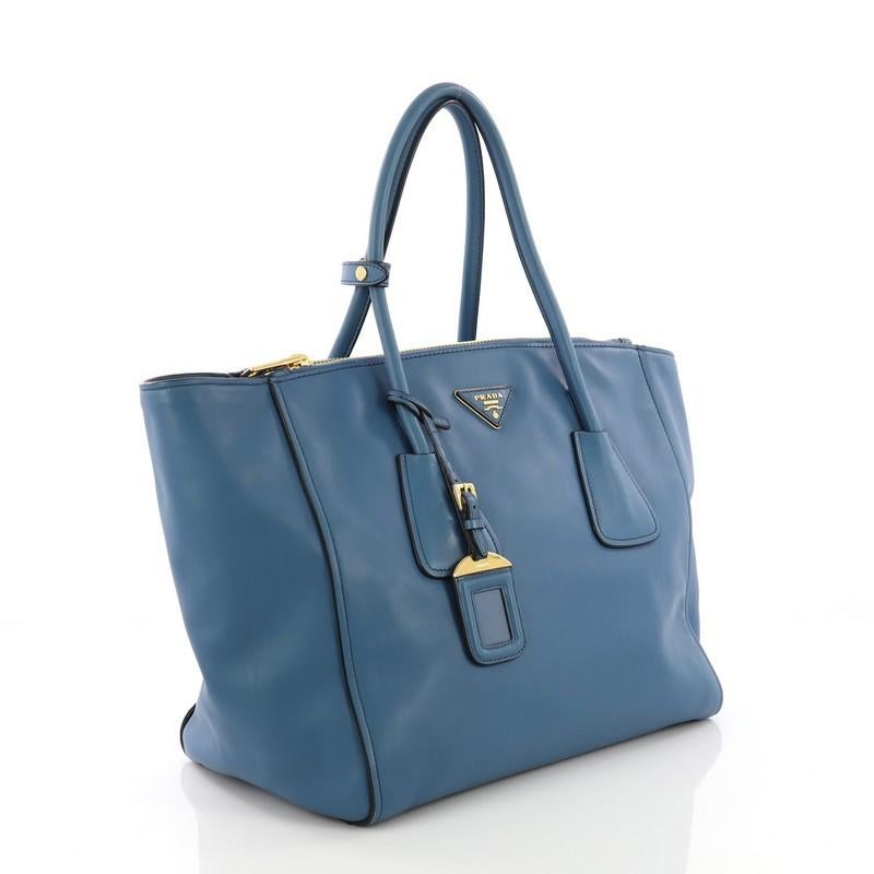 Blue Prada Twin Pocket Tote Cervo Leather Large
