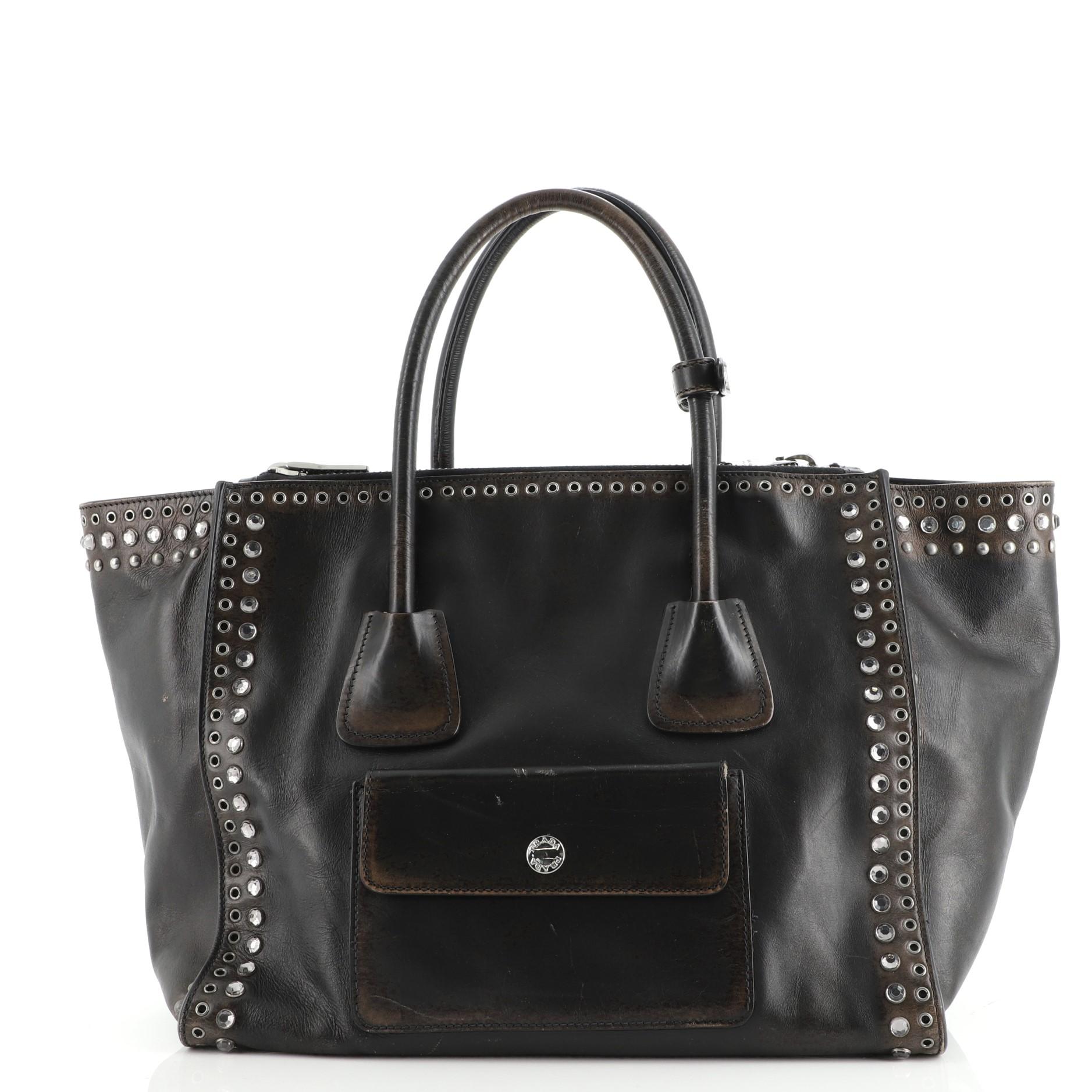 Black Prada Twin Pocket Tote Grommet Embellished Leather Medium