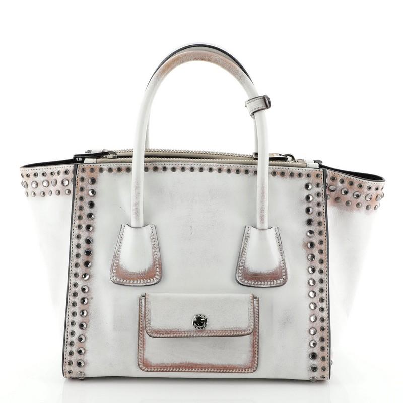 Gray Prada Twin Pocket Tote Grommet Embellished Leather Small