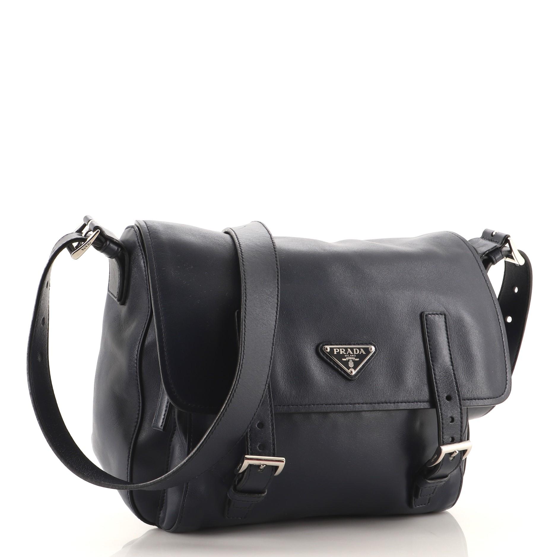 Prada Messenger Bag mit zwei Taschen aus weichem Kalb Medium (Schwarz)