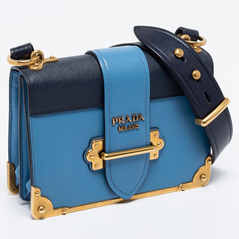 Prada Saffiano Cuir Pattina Blue & Black Leather Shoulder Bag BT1015: Buy  Online at Best Price in UAE 