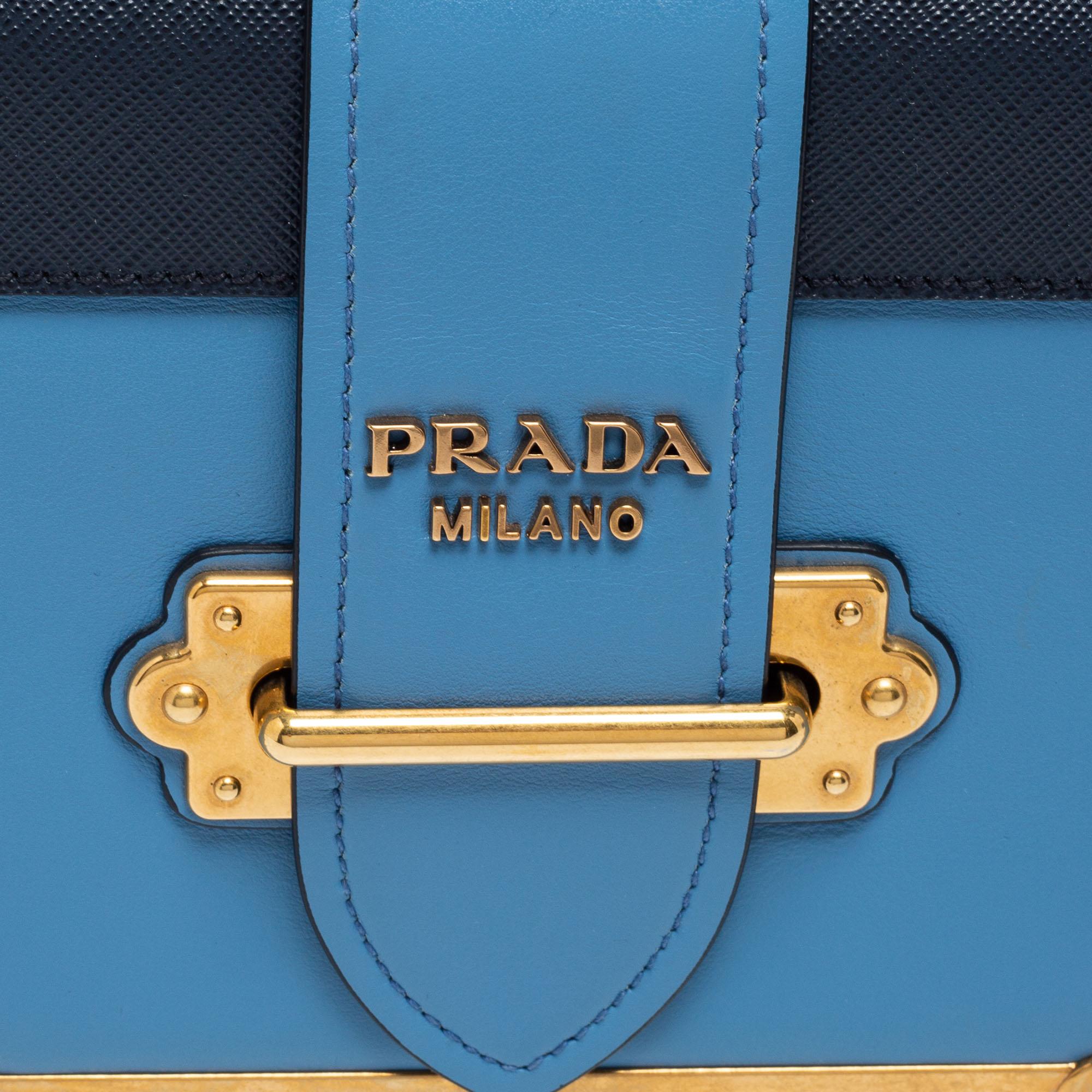 Prada Two Tone Blue Saffiano Leather Cahier Shoulder Bag In Good Condition In Dubai, Al Qouz 2
