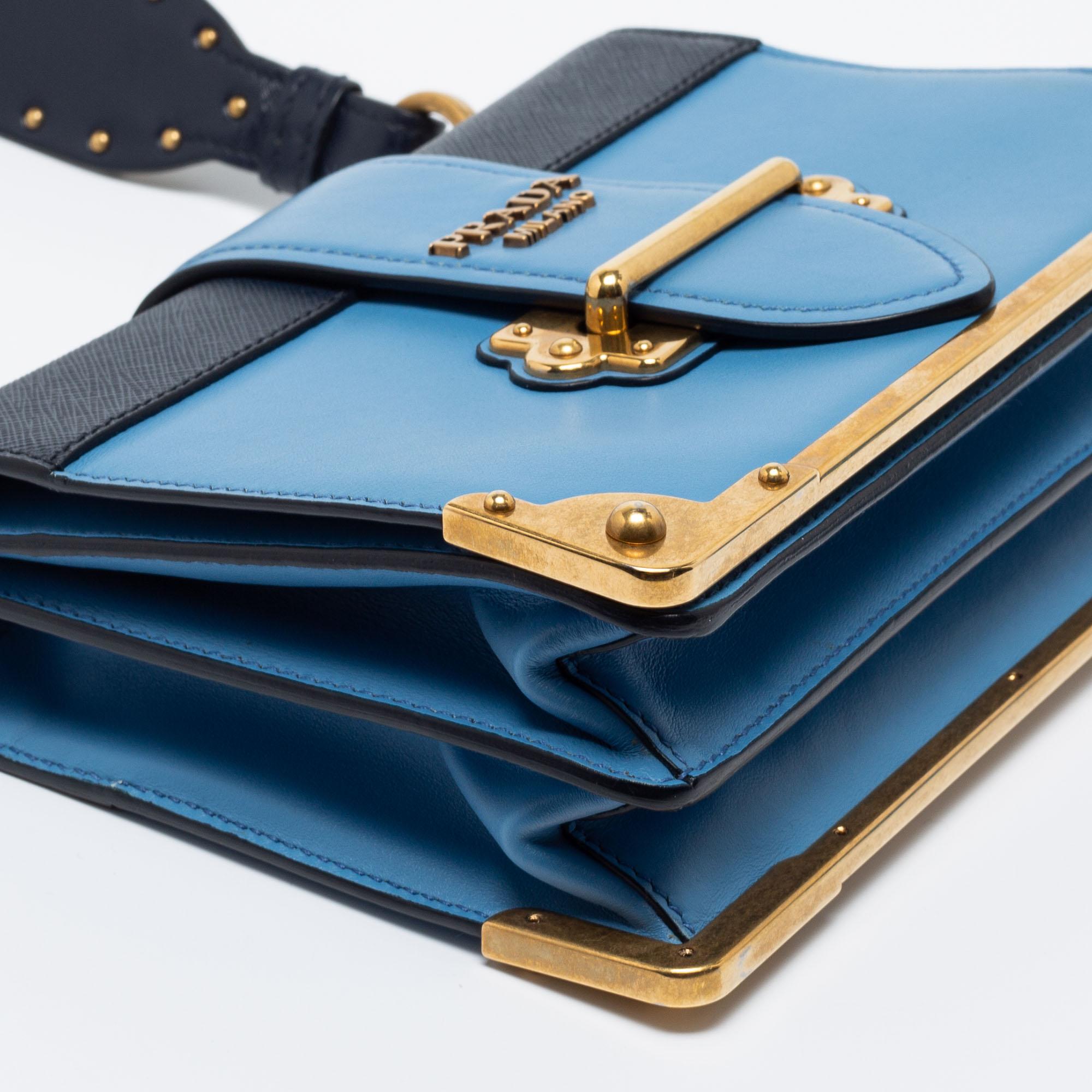 Women's Prada Two Tone Blue Saffiano Leather Cahier Shoulder Bag
