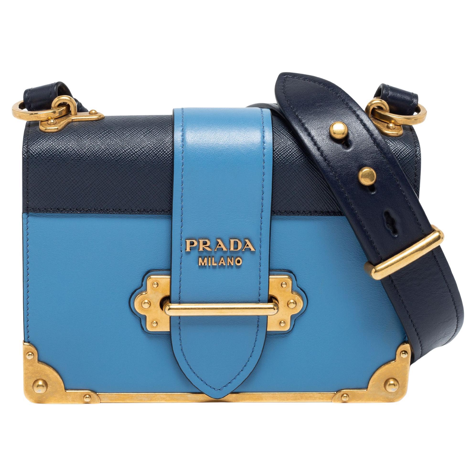 Prada Two Tone Blue Saffiano Leather Cahier Shoulder Bag at