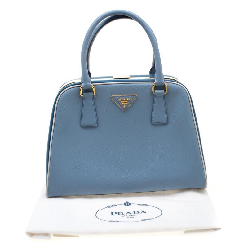 Prada Two Tone Blue Saffiano Leather Frame Top Handle Bag 5