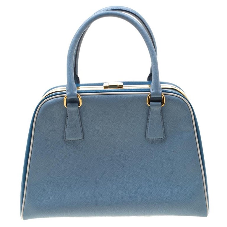 Prada Two Tone Blue Saffiano Leather Frame Top Handle Bag For Sale at 1stdibs
