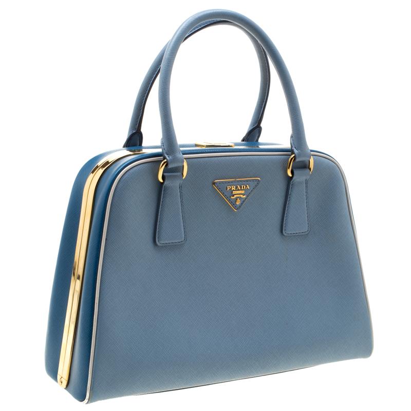 Gray Prada Two Tone Blue Saffiano Leather Frame Top Handle Bag