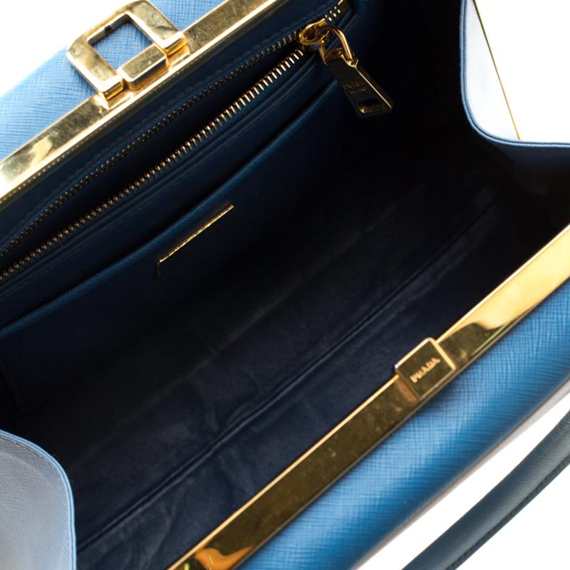 Prada Two Tone Blue Saffiano Leather Frame Top Handle Bag 3