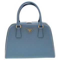 Prada Two Tone Blue Saffiano Leather Frame Top Handle Bag