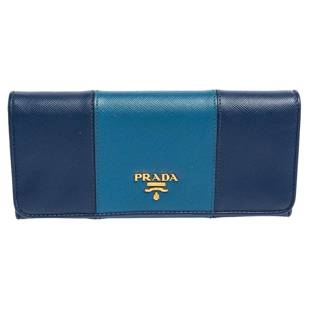 Prada Two Tone Blue Saffiano Lux Leather Flap Continental Wallet