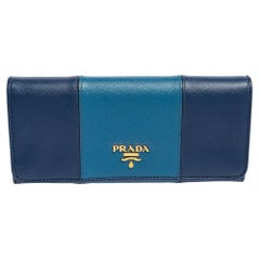 Prada Two Tone Blue Saffiano Lux Leather Flap Continental Wallet