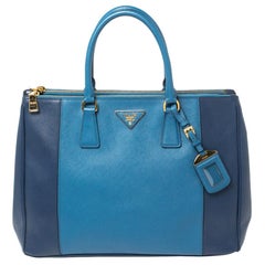Prada Two Tone Blue Saffiano Lux Leather Large Double Zip Tote