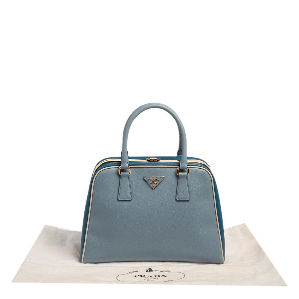 Prada Two Tone Blue Saffiano Lux Leather Pyramid Frame Satchel 5