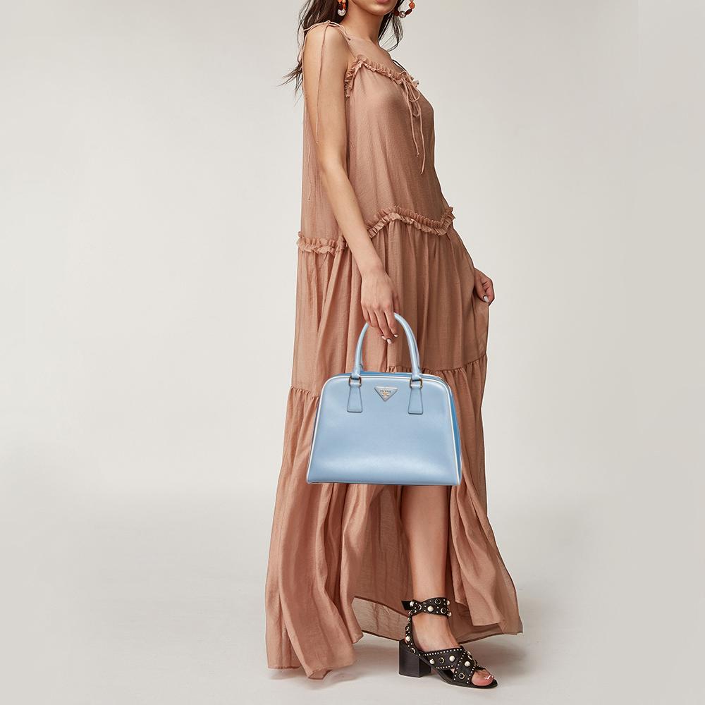 Prada Two Tone Blue Saffiano Lux Leather Pyramid Frame Satchel at