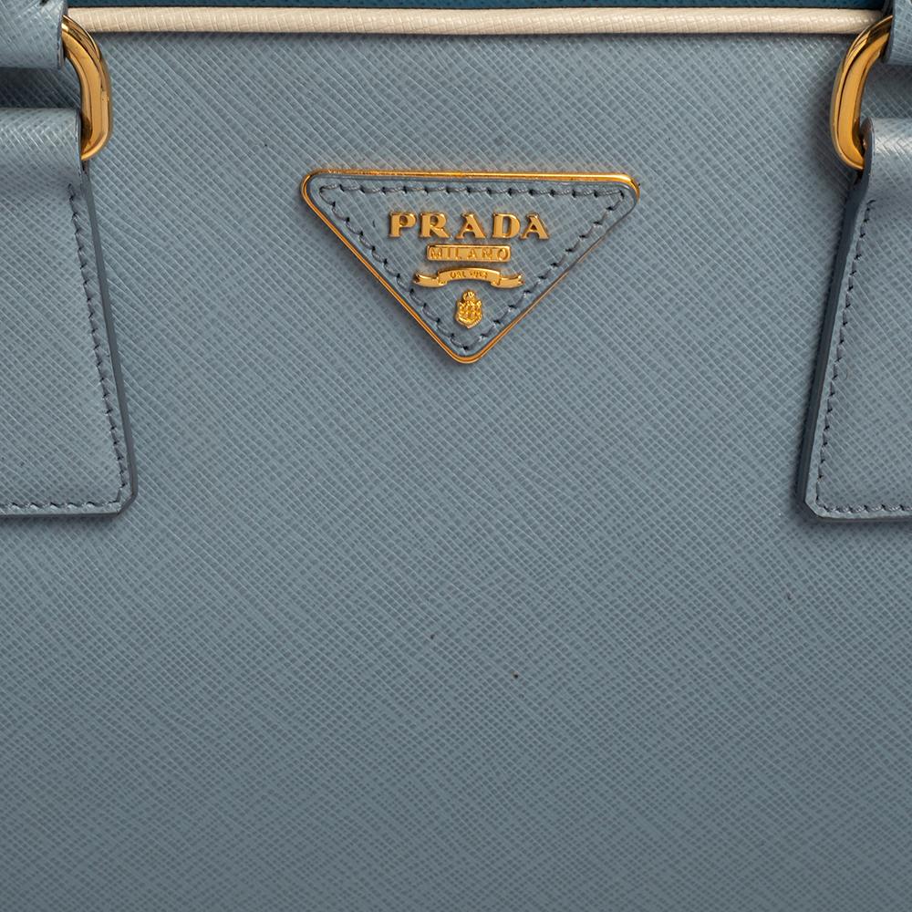 Gray Prada Two Tone Blue Saffiano Lux Leather Pyramid Frame Satchel