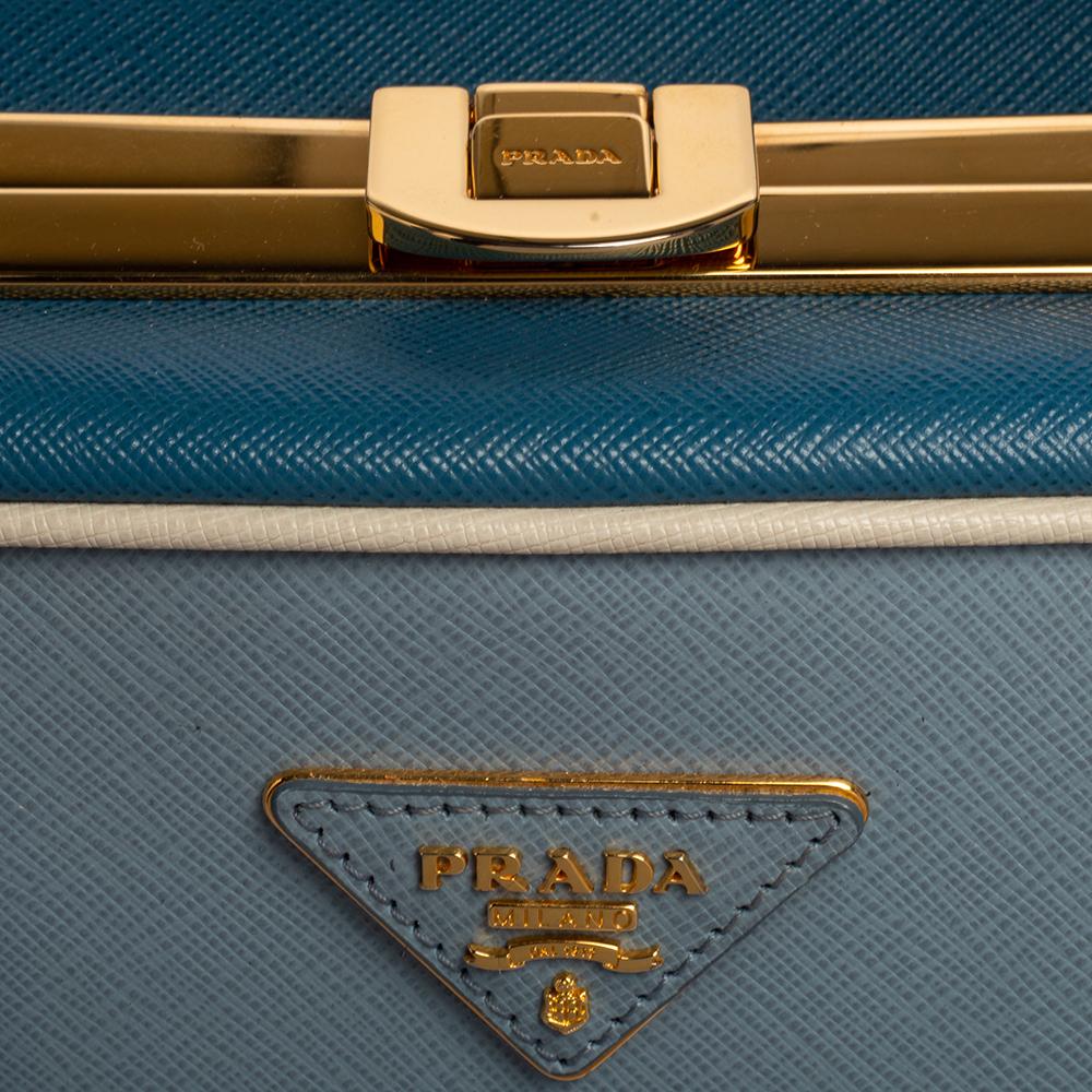 Prada Two Tone Blue Saffiano Lux Leather Pyramid Frame Satchel In Good Condition In Dubai, Al Qouz 2