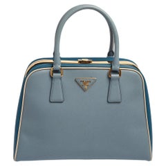 Prada Two Tone Blue Saffiano Lux Leather Pyramid Frame Satchel