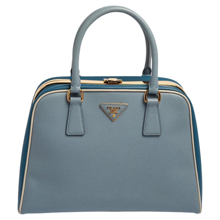 Prada Two Tone Blue Saffiano Lux Leather Pyramid Frame Satchel For Sale at  1stDibs