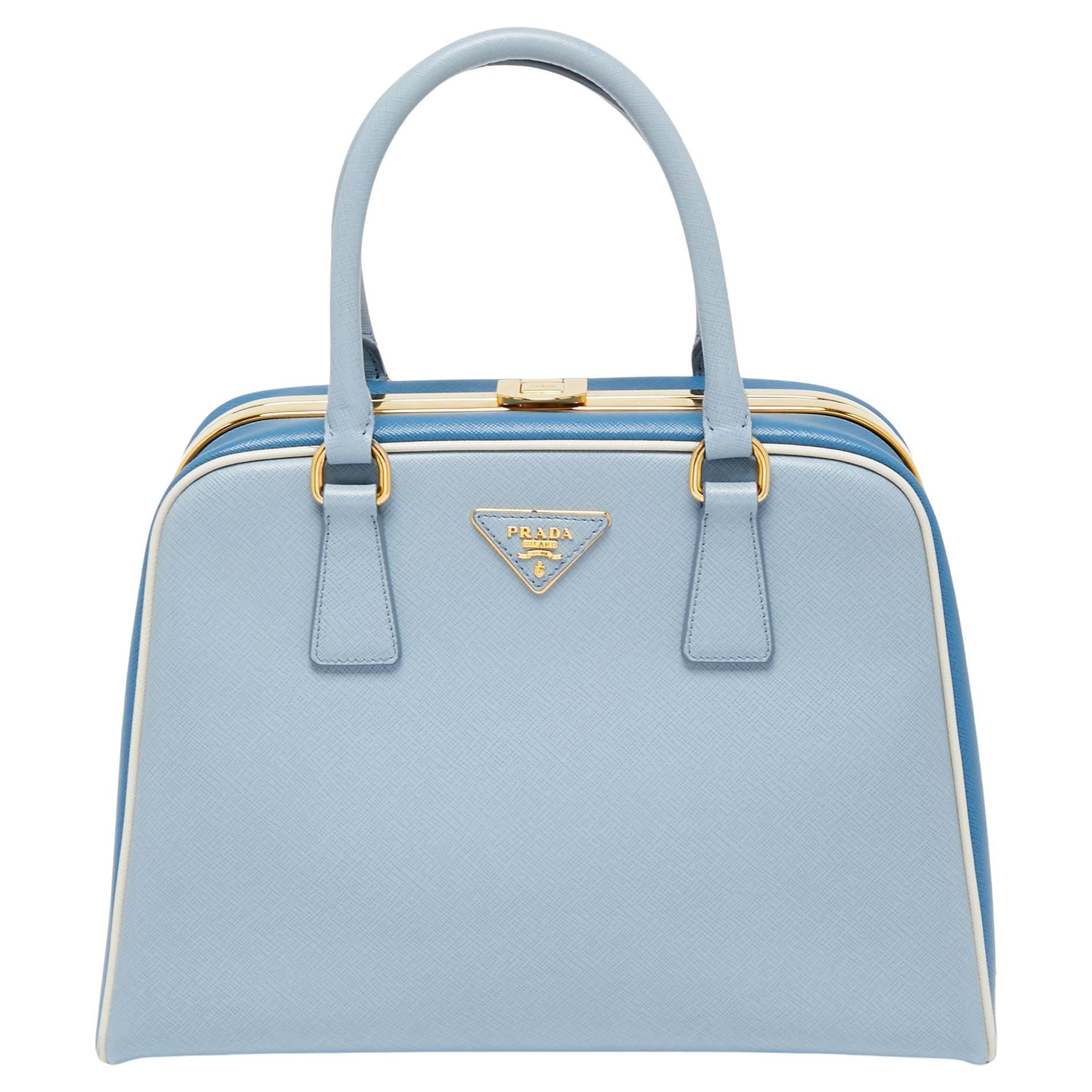 Prada Two Tone Blue Saffiano Lux Leather Pyramid Frame Satchel