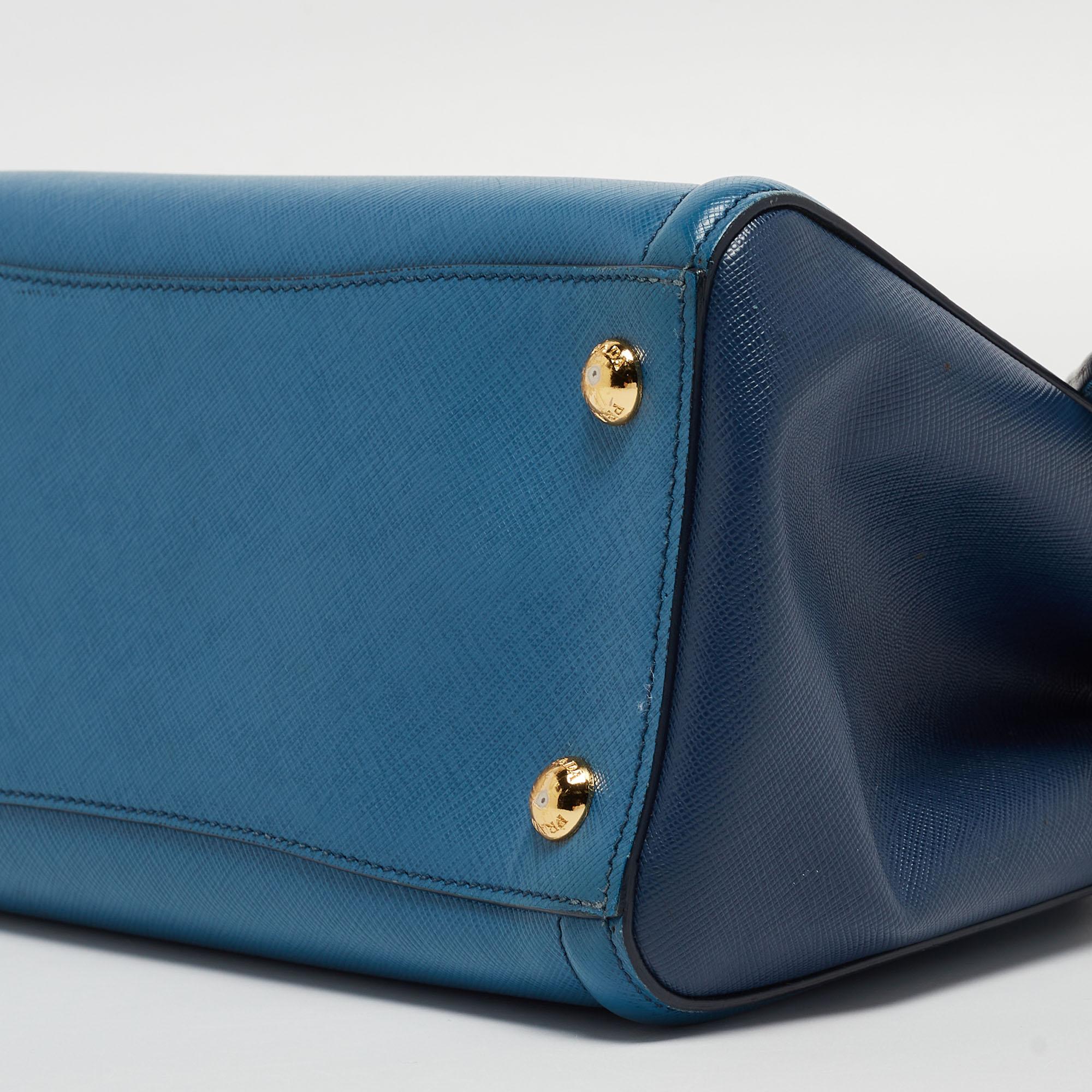 Prada Two Tone Blue Saffiano Lux Leather Tote For Sale 6