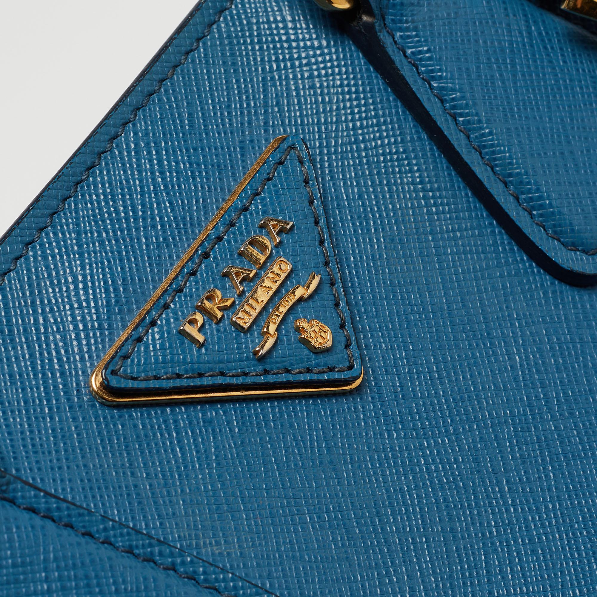 Prada Two Tone Blue Saffiano Lux Leather Tote For Sale 10