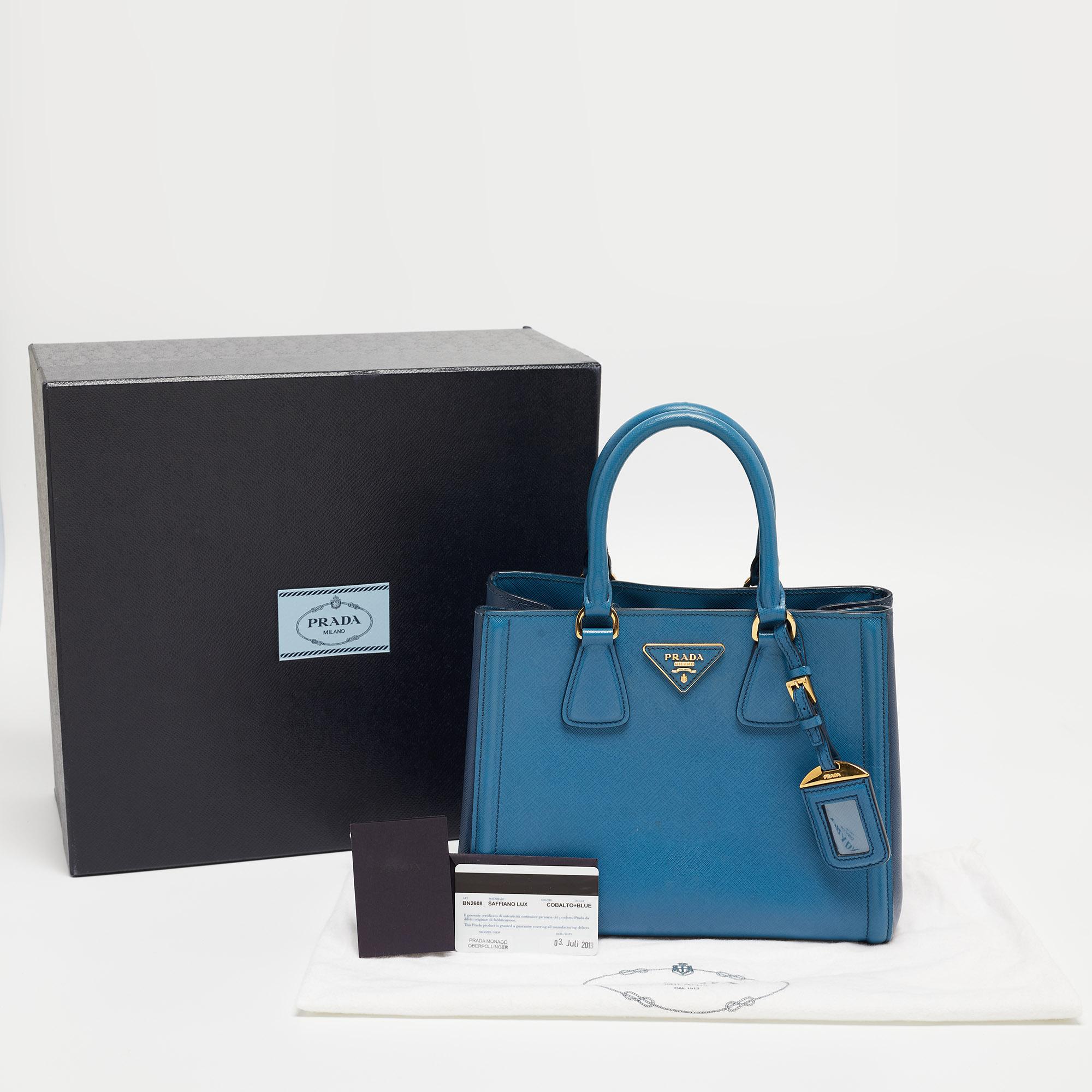 Prada Two Tone Blue Saffiano Lux Leather Tote For Sale 1