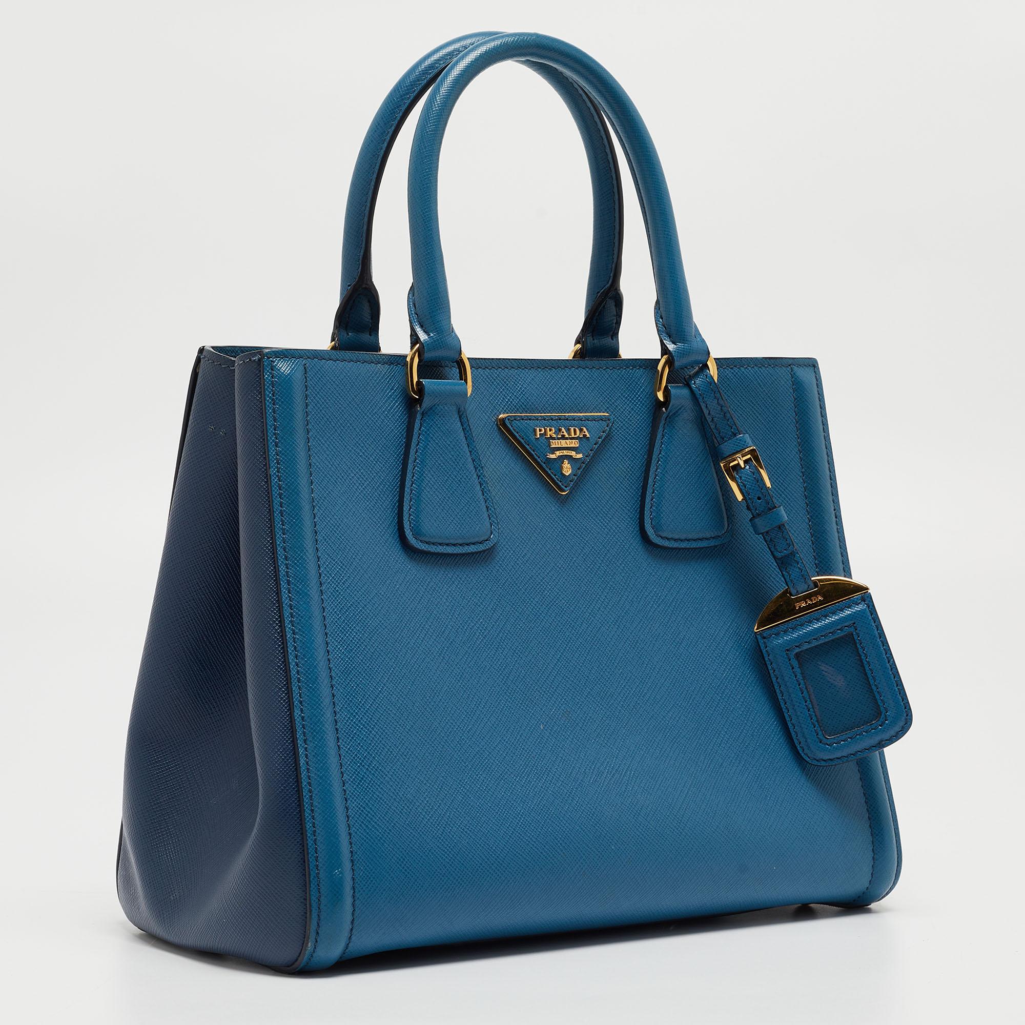 Prada Two Tone Blue Saffiano Lux Leather Tote For Sale 3