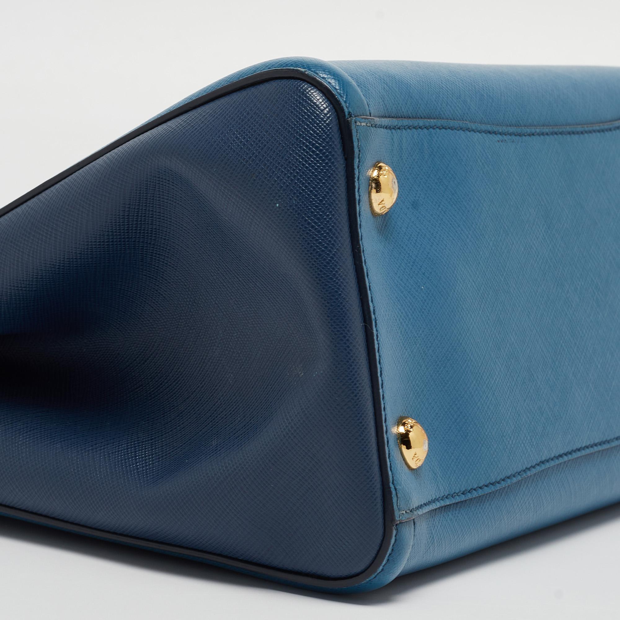 Prada Two Tone Blue Saffiano Lux Leather Tote For Sale 5