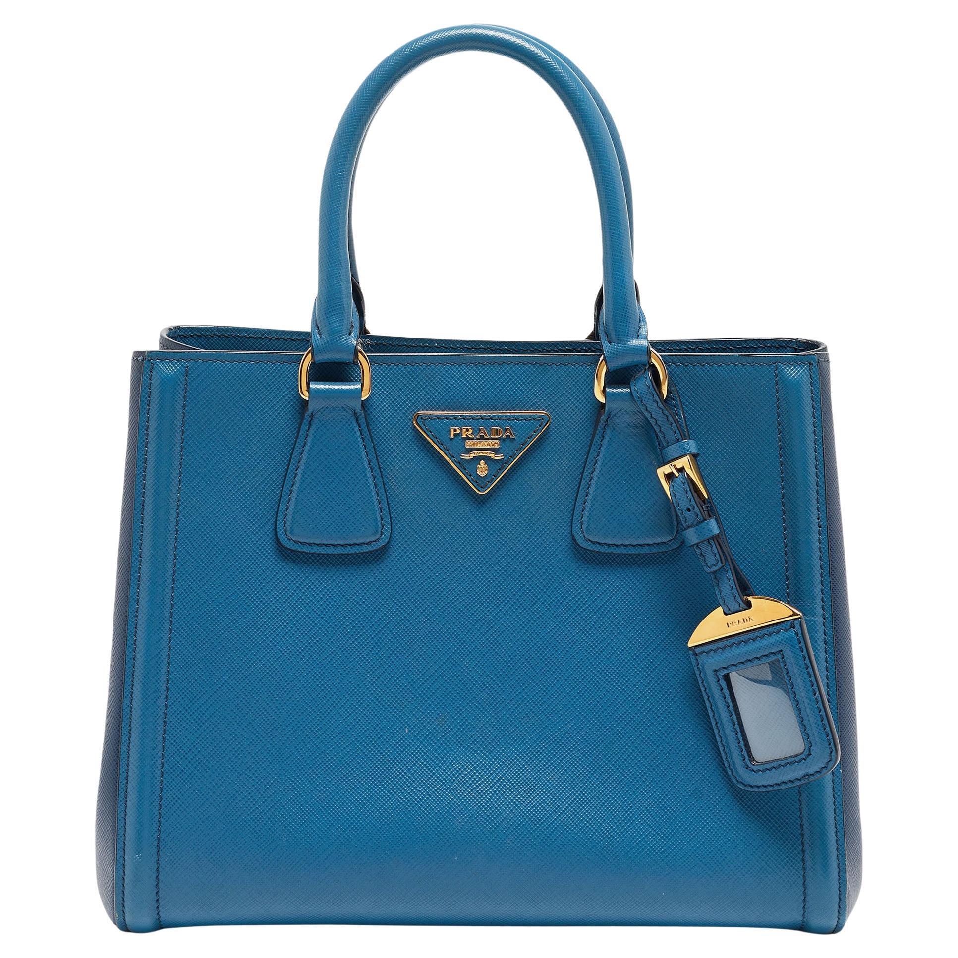 Prada Two Tone Blue Saffiano Lux Leather Tote For Sale