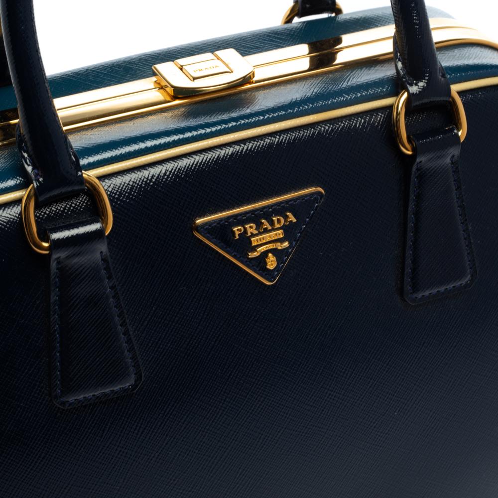 Prada Zweifarbig Blau Saffiano Vernice Leder Pyramide Rahmen Satchel 10