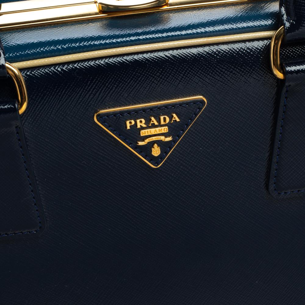 Prada Two Tone Blue Saffiano Vernice Leather Pyramid Frame Satchel 9