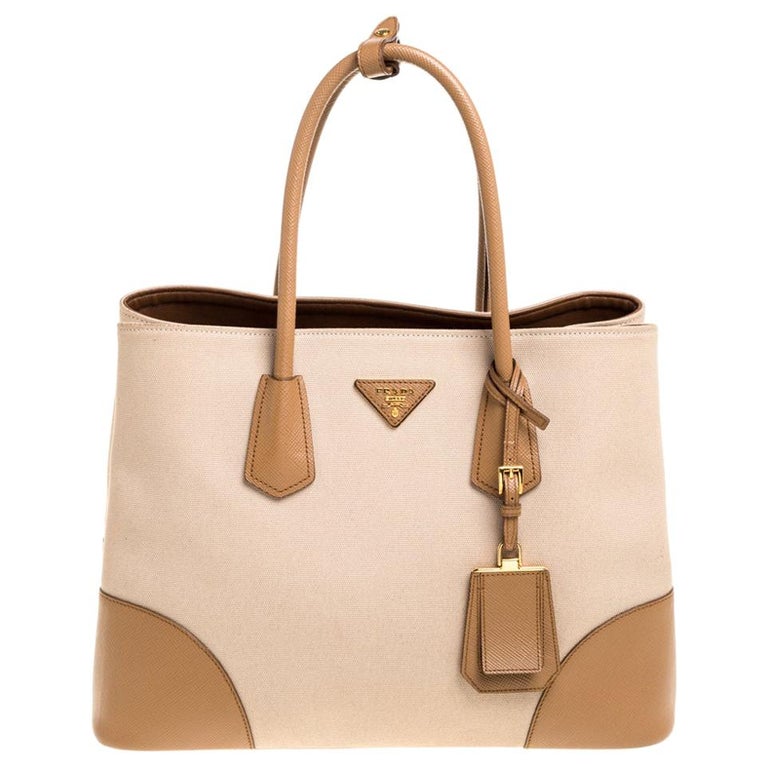 Prada Two Tone Canvas and Saffiano Cuir Leather Medium Double Handle Tote  at 1stDibs