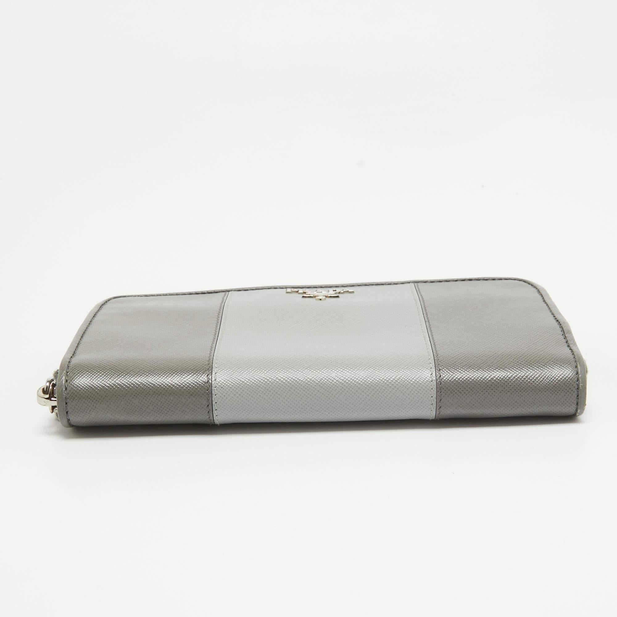 Prada Two Tone Grey Saffiano Leather Zip Around Wallet 3