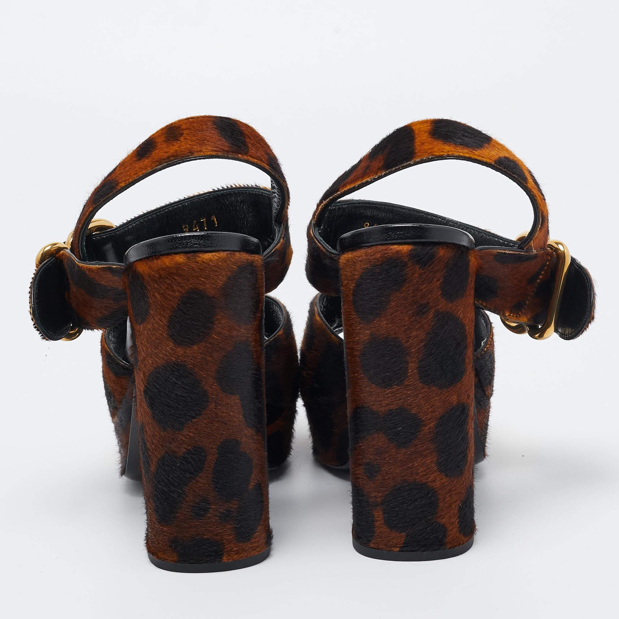 Black Prada Two Tone Leopard Print Calf Hair Platform Ankle Strap Sandals Size 36