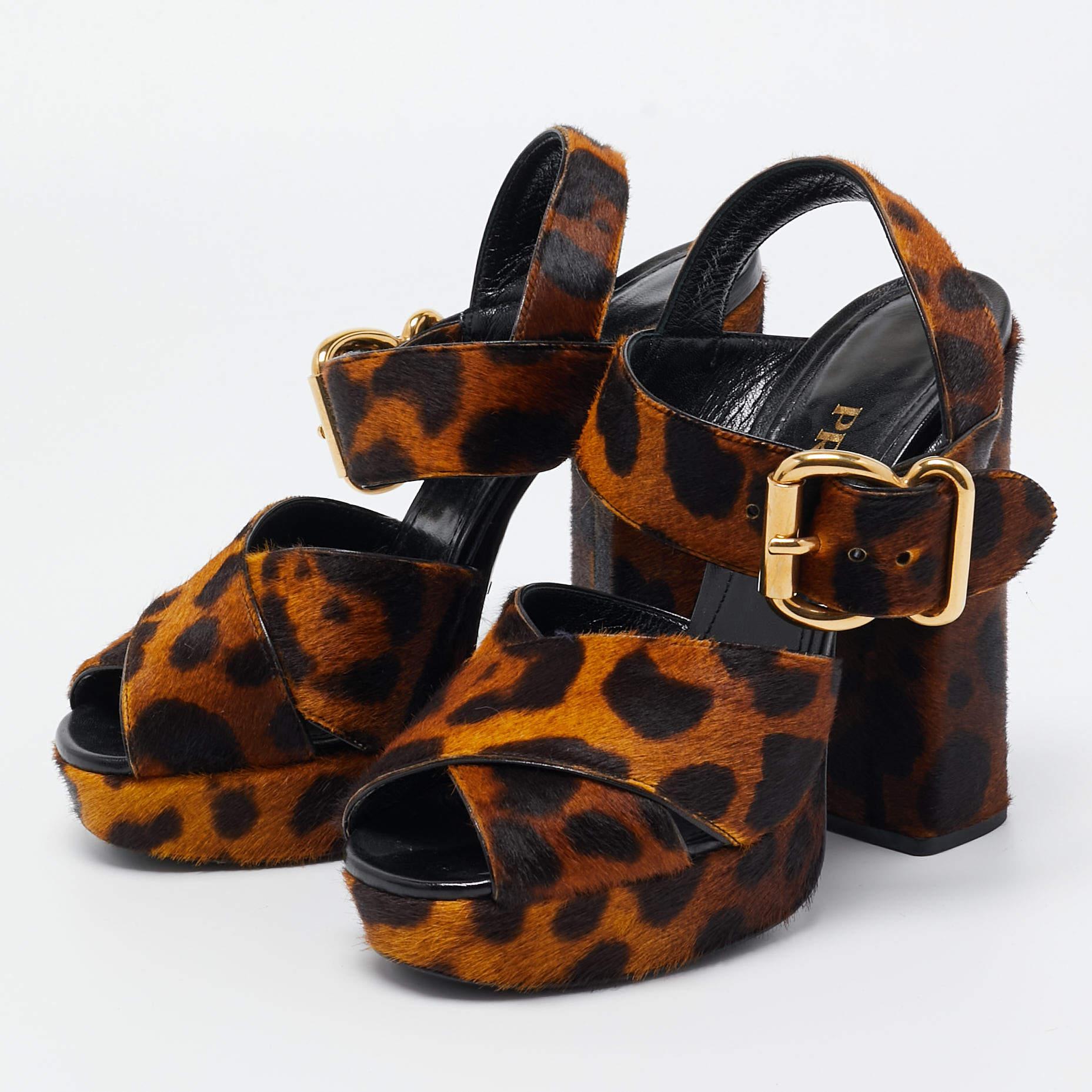 Prada Two Tone Leopard Print Calf Hair Platform Ankle Strap Sandals Size 36 In Excellent Condition In Dubai, Al Qouz 2