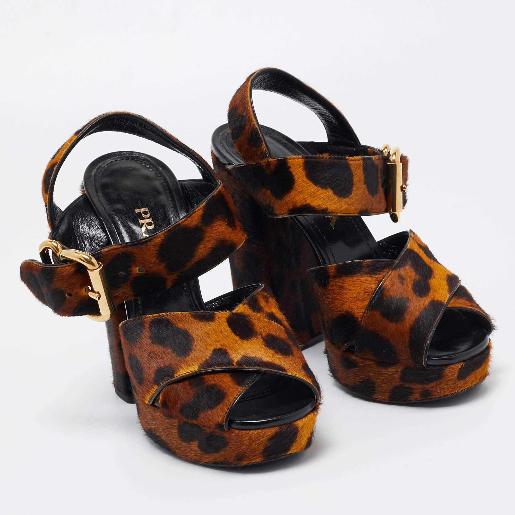 Women's Prada Two Tone Leopard Print Calf Hair Platform Ankle Strap Sandals Size 36