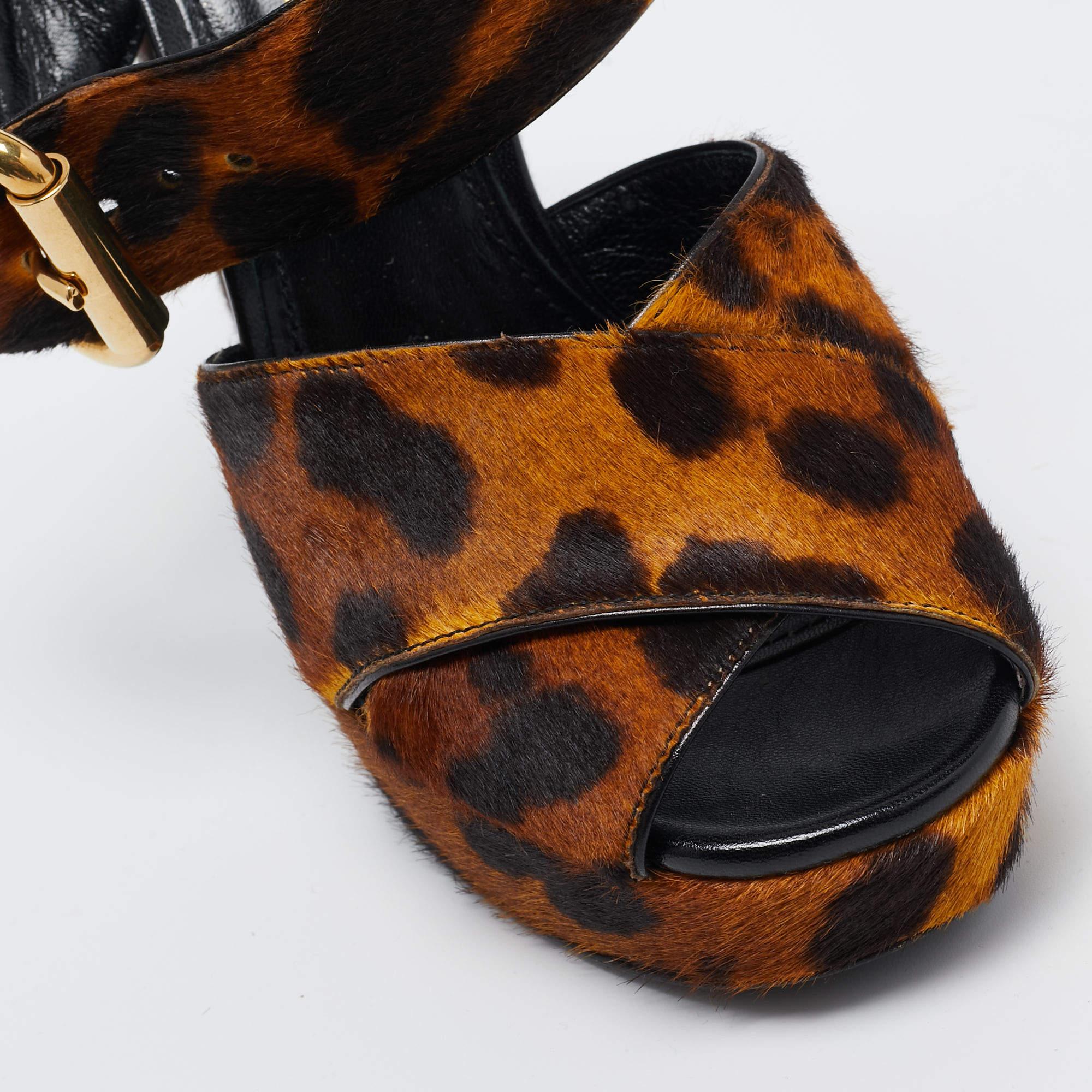 Prada Two Tone Leopard Print Calf Hair Platform Ankle Strap Sandals Size 36 1