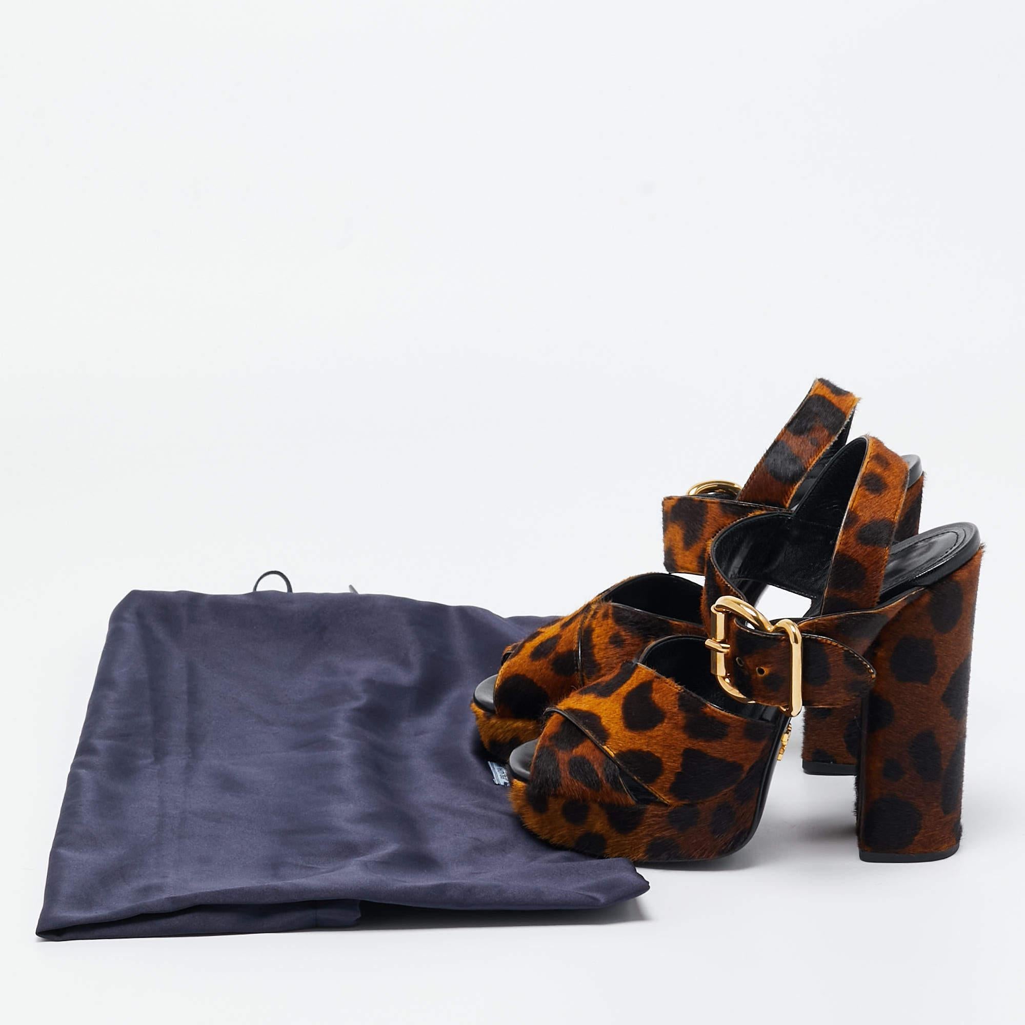 Prada Two Tone Leopard Print Calf Hair Platform Ankle Strap Sandals Size 36 2